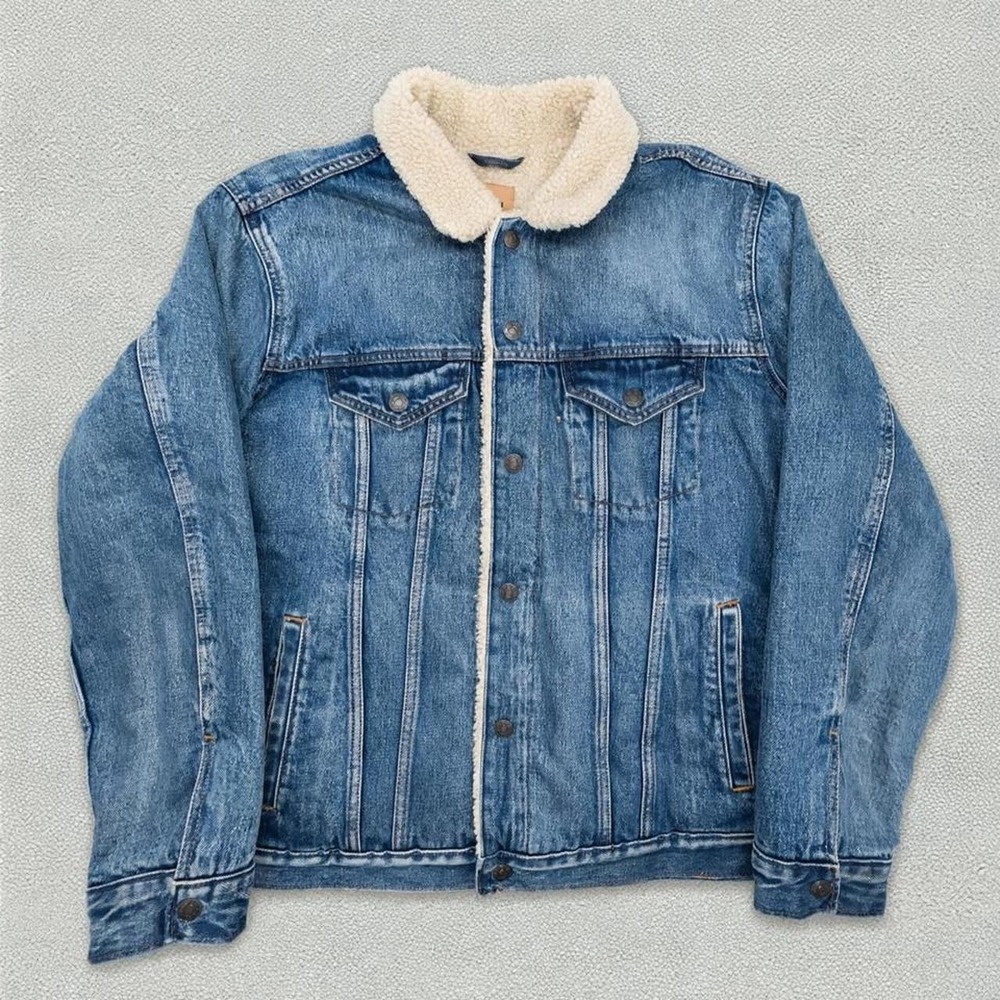 Gap Sherpa Lined Denim Trucker Jacket Mens Large Blue Indigo Jean Coat